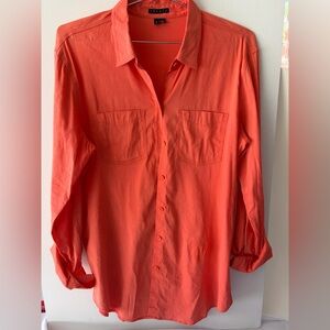 Theory Orange Linen Blend Button Down Blouse